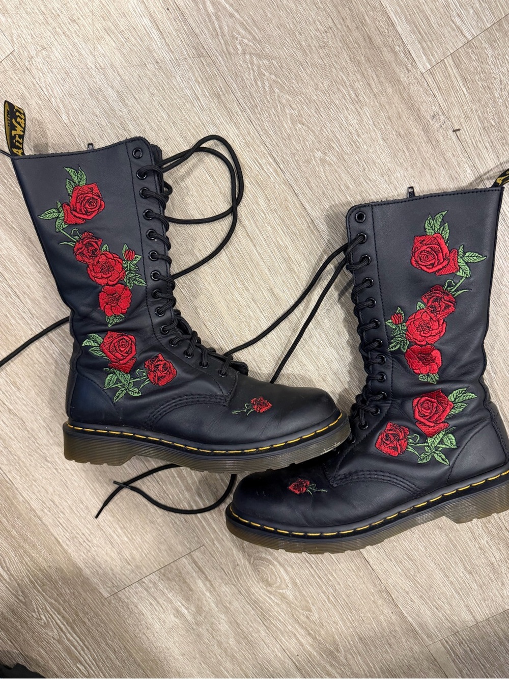 Dr. Martens Black Lace-Up Boots with Red Rose Embroidery